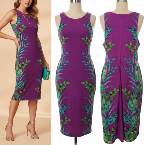 Nicole by Nicole Miller Dresses & Skirts - 515 Nicole Miller | NWOT Magenta Tropical Leaf Print Sheath Midi Dress (Sz S)